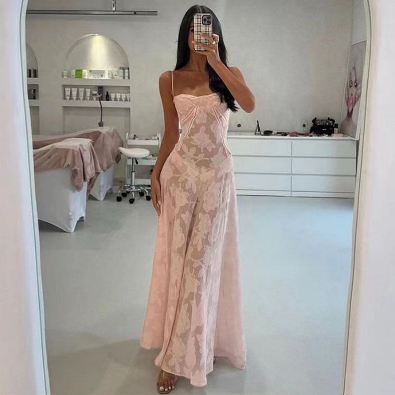 Sexy Half Mesh Patched Flower Bandeau Maxi Dress With Straps