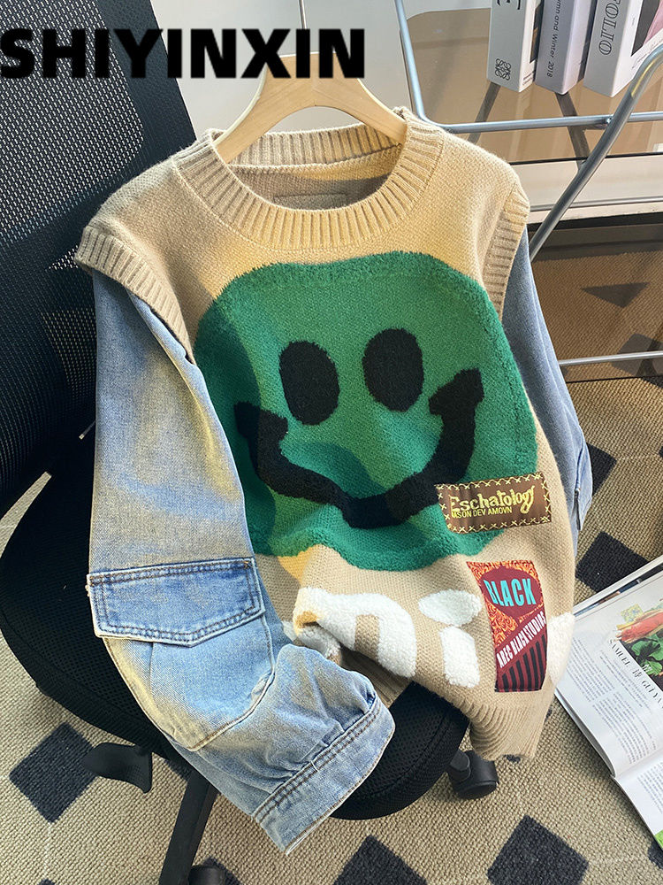 Y2k Aesthetic Smiley Face Color Block Knit Denim Sweatshirt Clothing