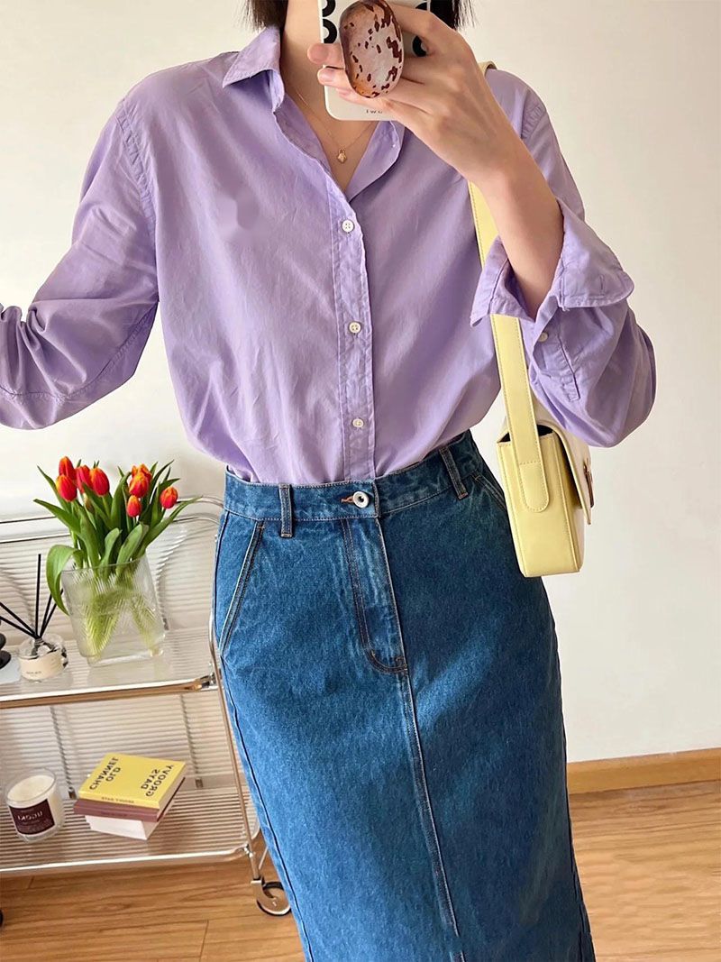 Oversized Relaxed Long Sleeve Button Front Shirt Womens
