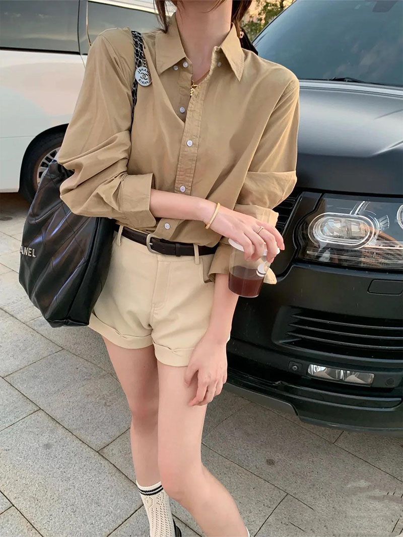 Oversized Relaxed Long Sleeve Button Front Shirt Womens
