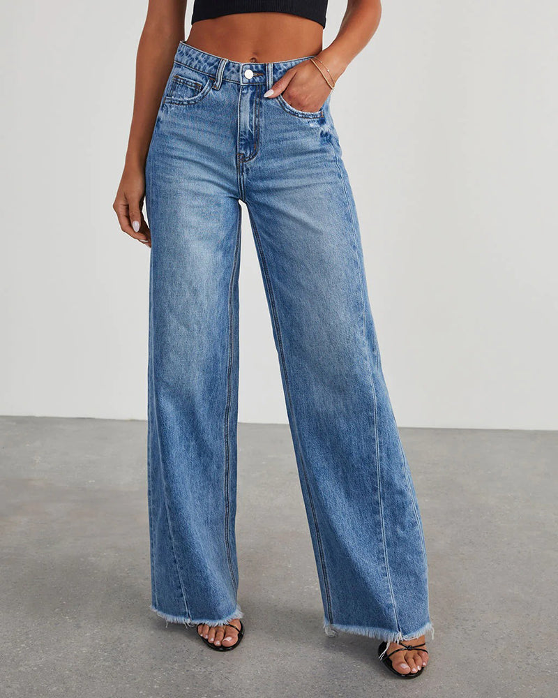 Asymmetric Waist Irregular Side Slit Bootleg Jeans