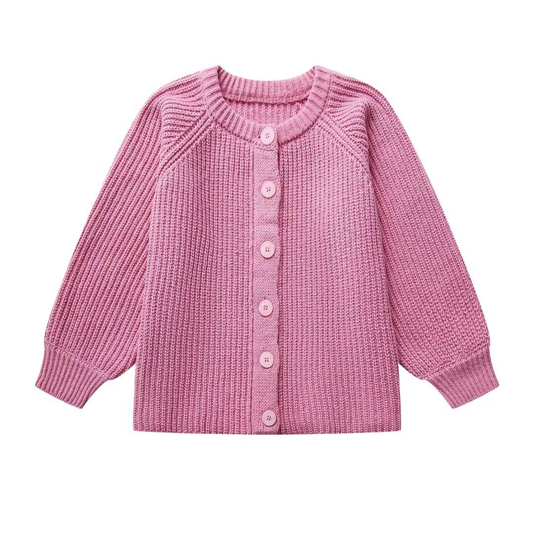 Mottled Pink Ribbed Round Neck Button Up Cardigan Sweater