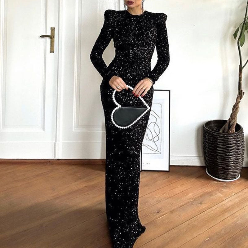 Sparkly Deep Low Back Long Sleeve Glitter Gown Dress sunifty Sparkly Deep Low Back Long Sleeve Glitter Gown Dress sunifty