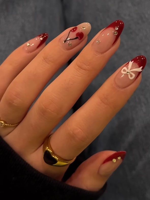 Summer Diamonds And 3D Cherry Bow Knot French Acrylic Nails