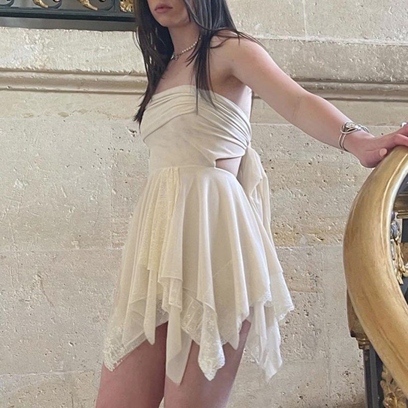 Nude Mesh Irregular Ruffle Hem Ruched Strapless Bandeau Lace Mini Dress
