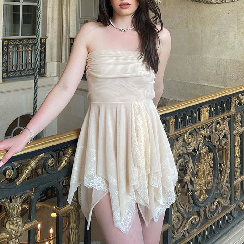 Nude Mesh Irregular Ruffle Hem Ruched Strapless Bandeau Lace Mini Dress