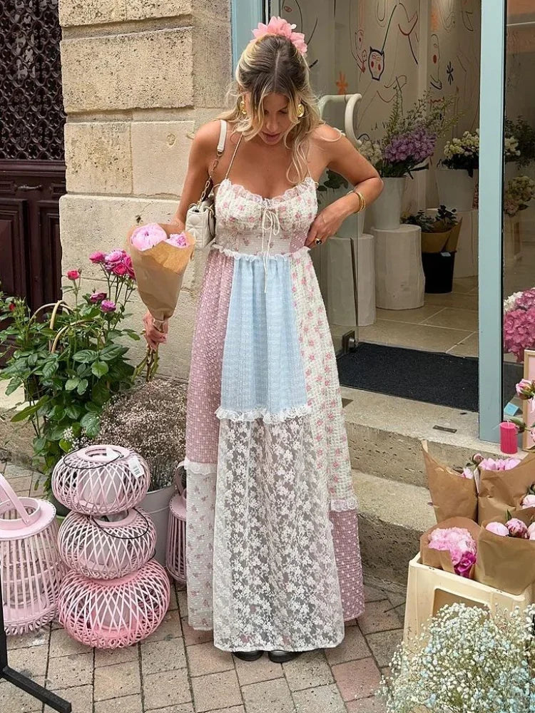 EEllula Mix Print Patchwork Lace Edge Maxi Dress