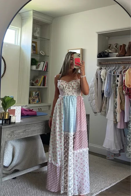 EEllula Mix Print Patchwork Lace Edge Maxi Dress