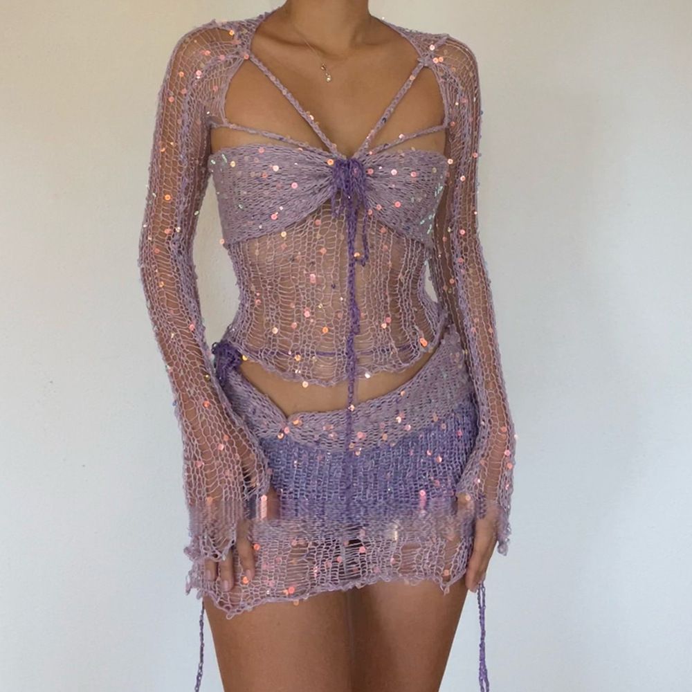 Shiny Sequin Beaded Strappy Tie Hollow Mesh Knitted Three Piece Skirt Set