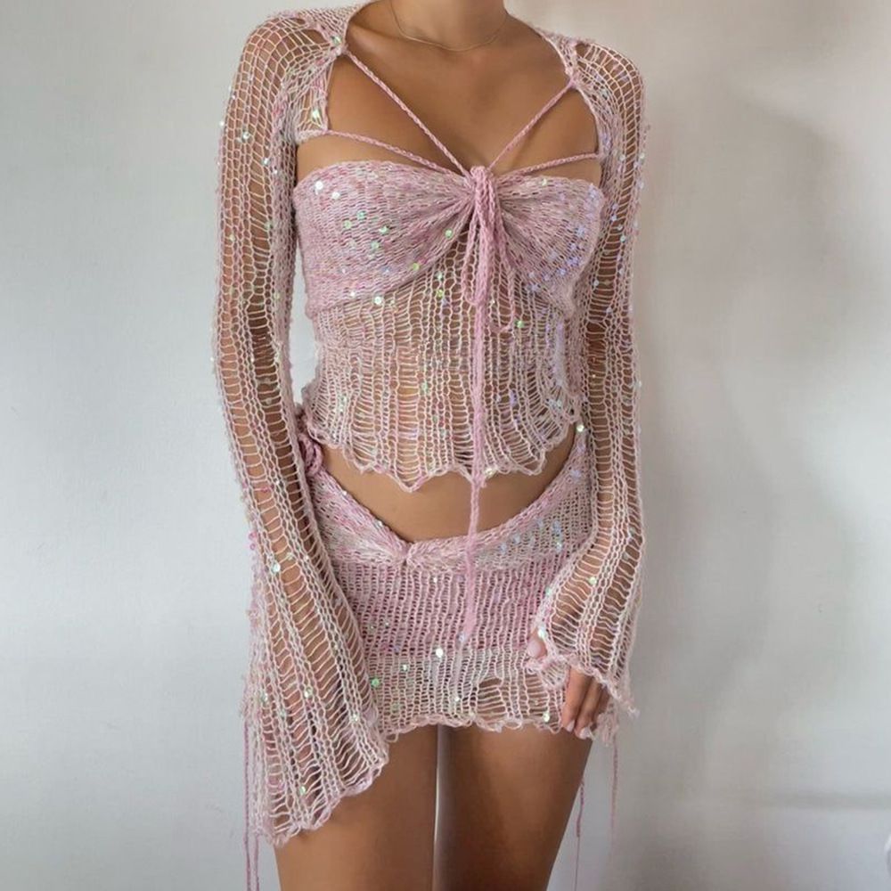 Shiny Sequin Beaded Strappy Tie Hollow Mesh Knitted Three Piece Skirt Set