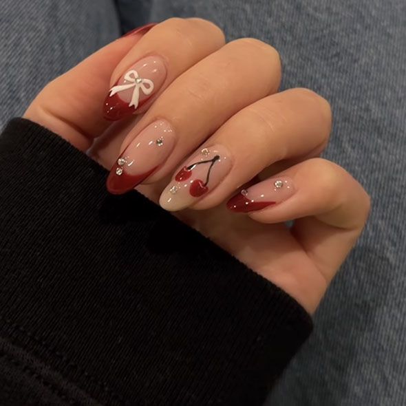 Summer Diamonds And 3D Cherry Bow Knot French Acrylic Nails