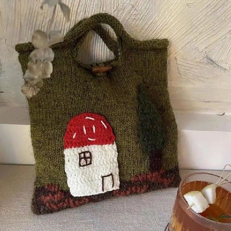 Cute Handmade Embroidered Crochet Knitted Handbag Mushroom Tote Bag