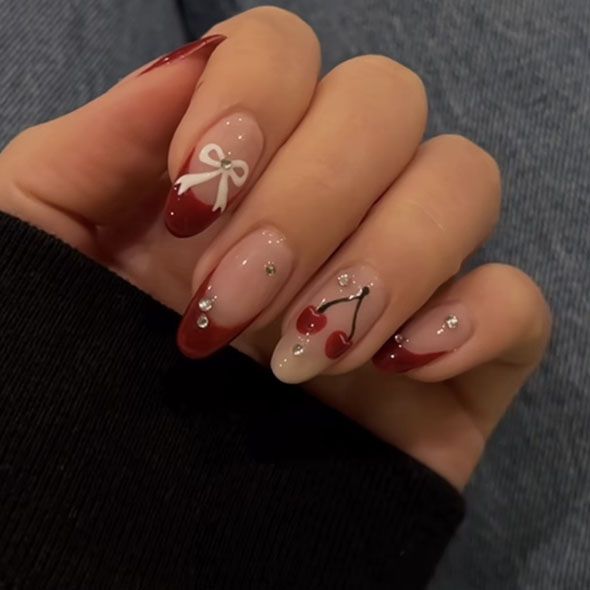 Summer Diamonds And 3D Cherry Bow Knot French Acrylic Nails