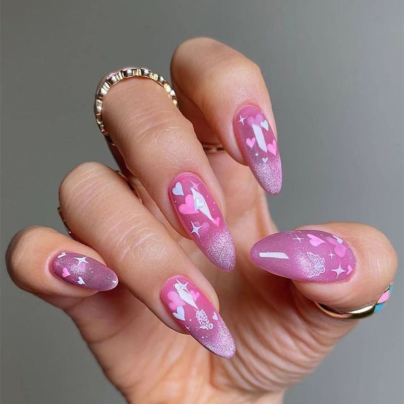Glitter Hearts Almond Shape Nail