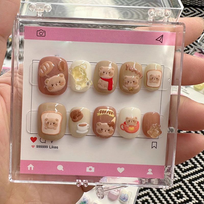 Cute Teddy Bear Short Round Acrylic Nail