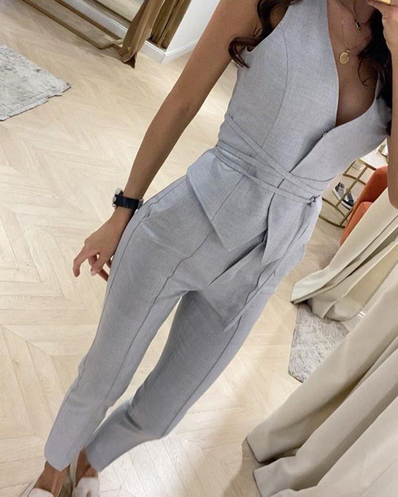 Confident Tailored Criss Tie Two Piece Vest With Skinny Pants Suit Set