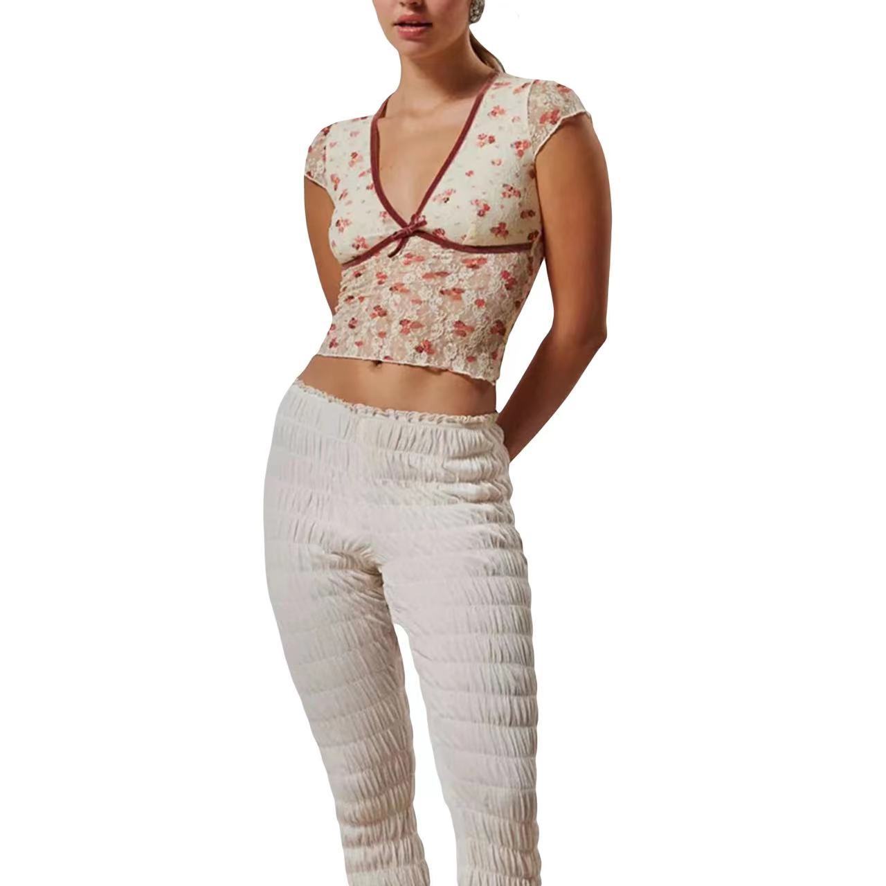 Contrast Trimmed Bow Knot Mesh Black Lace Belly Crop Top