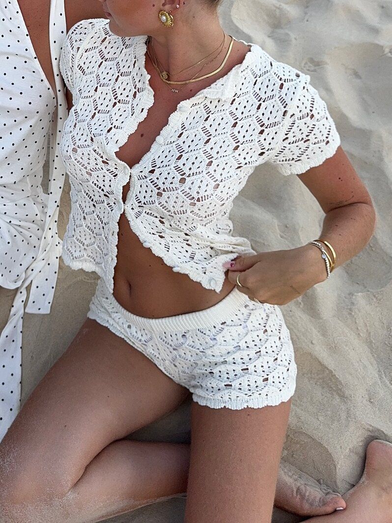 Bohemian Crochet Knit Button Blouse With Shorts Set