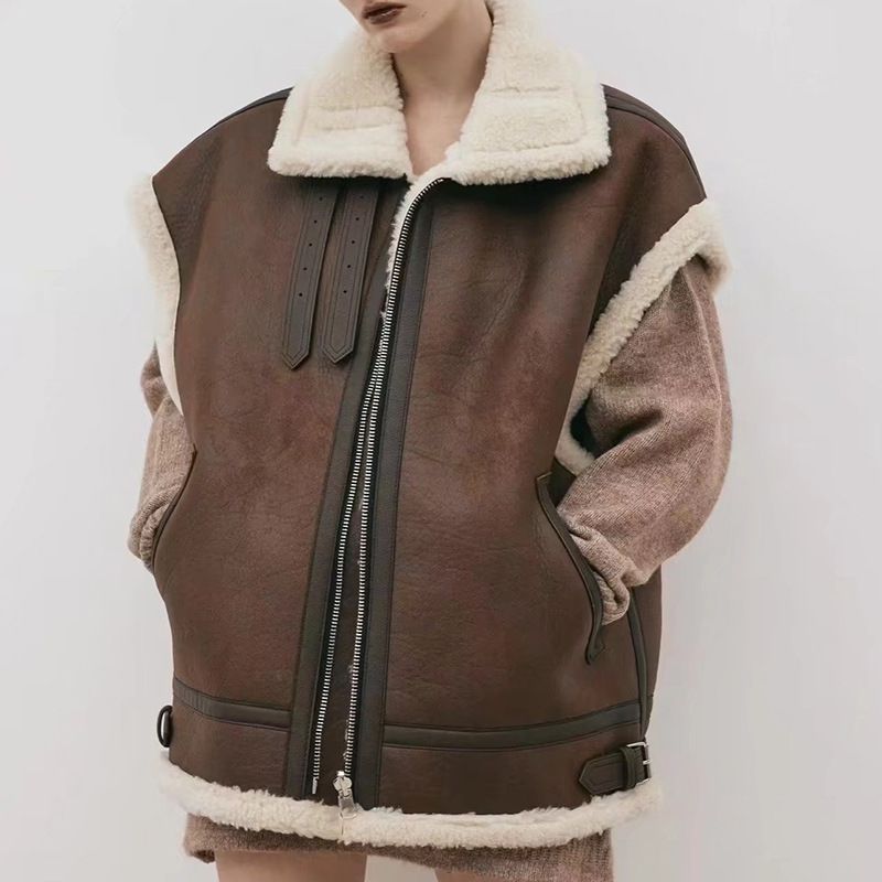 Oversized Pleather Faux Fur Shearling Vest Jacket Fur Collar sunifty