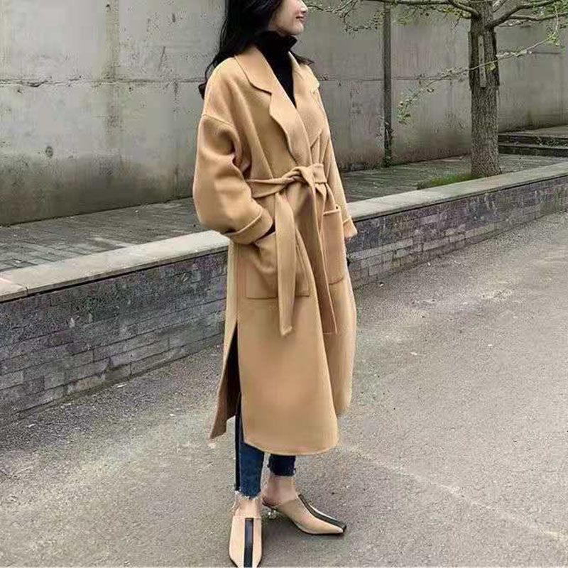 Free Shipping Camel Cashmere long Wool Trench Coat Womens