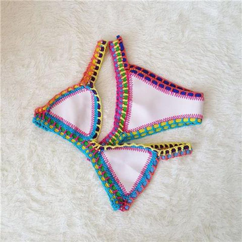 Pastel Rainbow Bohemian Trim Crochet Bathing Suit Swimsuit Sets