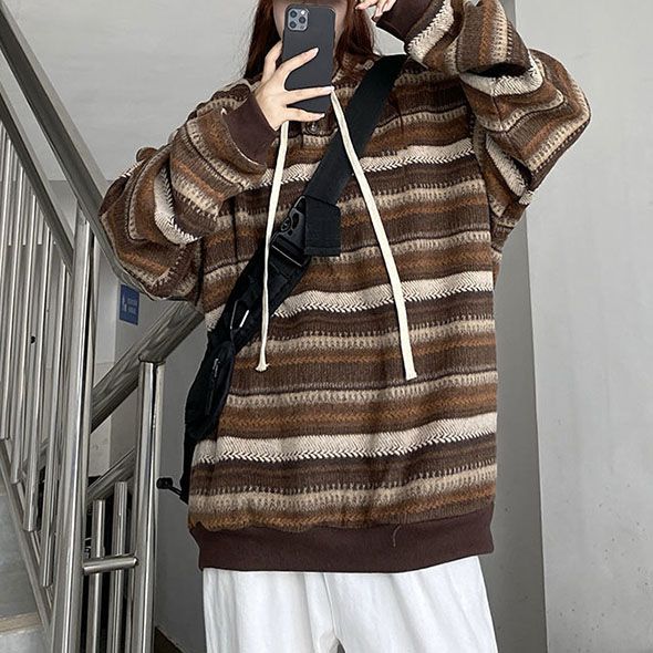 Retro 90s Color Block Tribal Stripe Slouchy Baggy Long Sleeve Sweater