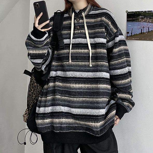 Retro 90s Color Block Tribal Stripe Slouchy Baggy Long Sleeve Sweater