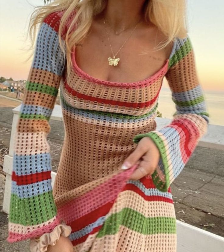 Rainbow Semi Sheer Weave Knitted Crochet Maxi Dress sunifty Rainbow Semi Sheer Weave Knitted Crochet Maxi Dress sunifty