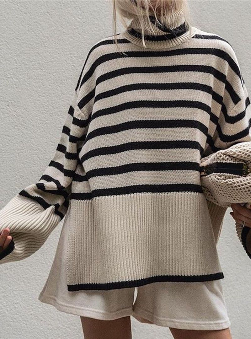 Oversized Baggy Block Striped Wool Cotton Blend Turtleneck Sweater With Slit