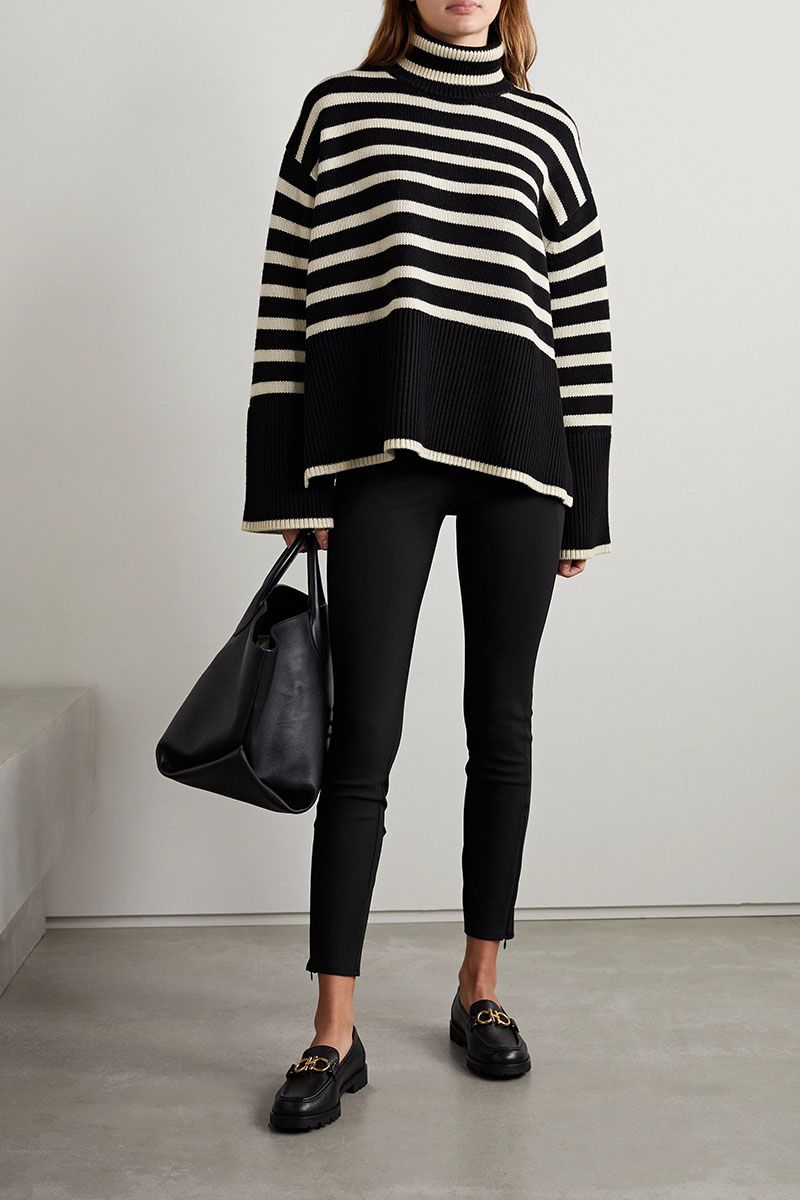 Oversized Baggy Block Striped Wool Cotton Blend Turtleneck Sweater With Slit