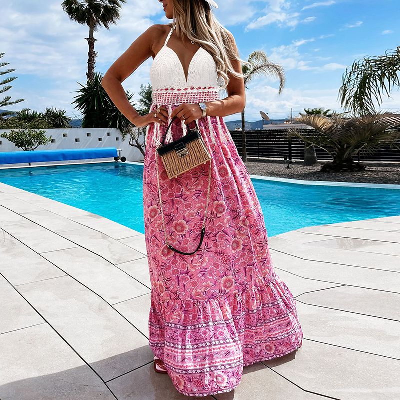 Hawaiian Boho Crochet Halter Tassel Floral Maxi Beach Flare Hem Dress sunifty Hawaiian Boho Crochet Halter Tassel Floral Maxi Beach Flare Hem Dress sunifty