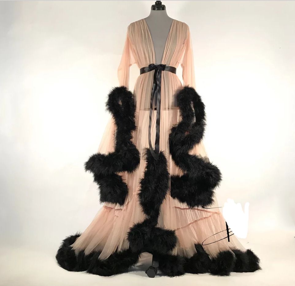 Seductive Faux Fur Pom Pom Sheer Mesh Nightgown Pajama Robe