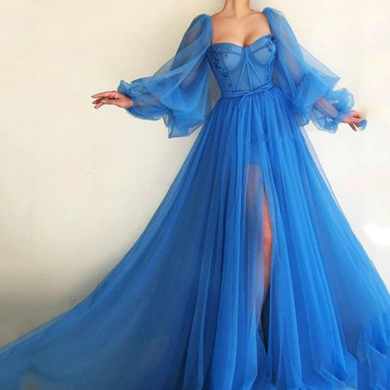 Embroidered Corset Puffy Sleeve Mesh Tulle Ball Gown Thigh Split Bride sunifty Embroidered Corset Puffy Sleeve Mesh Tulle Ball Gown Thigh Split Bride sunifty