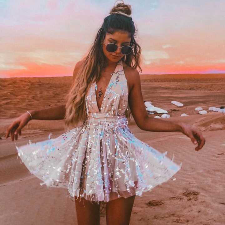Shiny Tassels Embellished Tulle Plunge Flowy Mini Dress Cross Back sunifty Shiny Tassels Embellished Tulle Plunge Flowy Mini Dress Cross Back sunifty