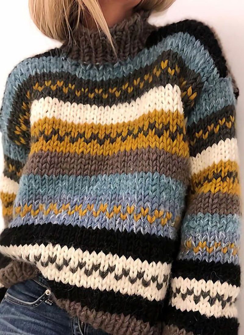 Retro Color Block Stripe Chunky Knitted Jumper Colored Knitwear Sweater