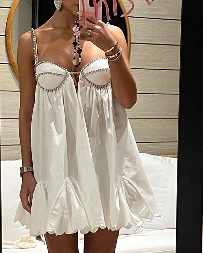 Embellished Crystal Trim Cotton Scallop Hem Bustier Poplin Mini Dress