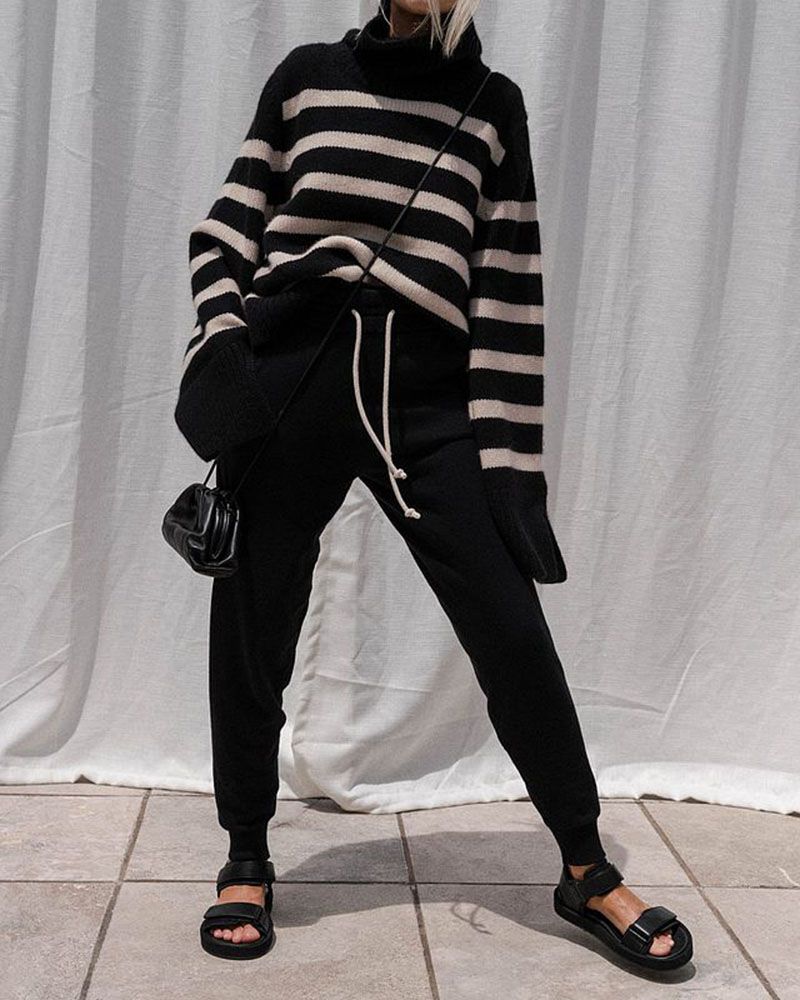 Oversized Baggy Block Striped Wool Cotton Blend Turtleneck Sweater With Slit