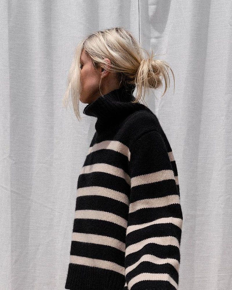 Oversized Baggy Block Striped Wool Cotton Blend Turtleneck Sweater With Slit