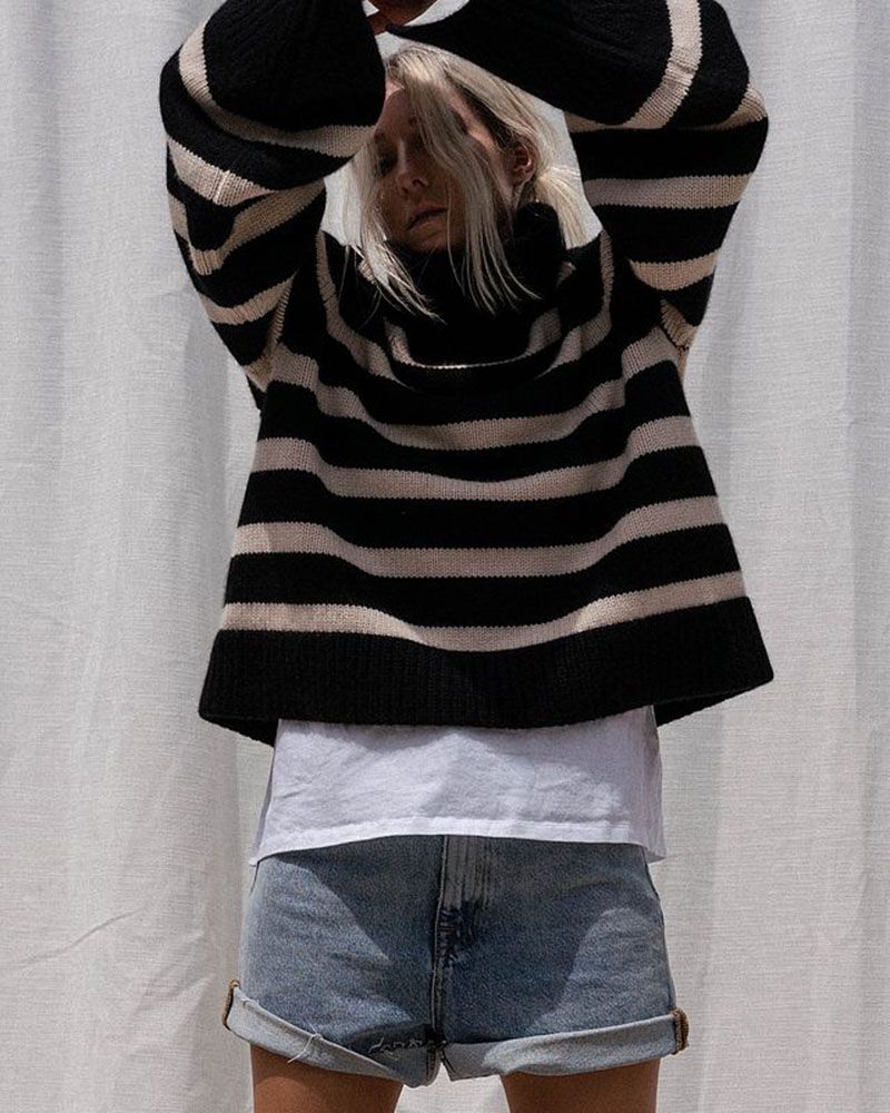 Oversized Baggy Block Striped Wool Cotton Blend Turtleneck Sweater With Slit