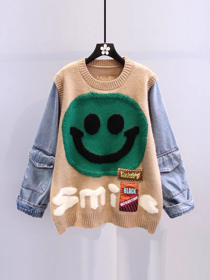 Y2k Aesthetic Smiley Face Color Block Knit Denim Sweatshirt Clothing