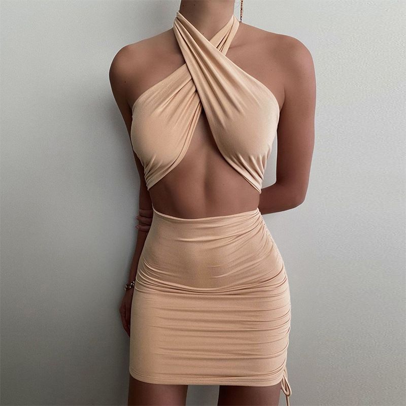 Side Shirring Criss Cross Front Wrap Halter Neck Dress Cut Outs sunifty Side Shirring Criss Cross Front Wrap Halter Neck Dress Cut Outs sunifty