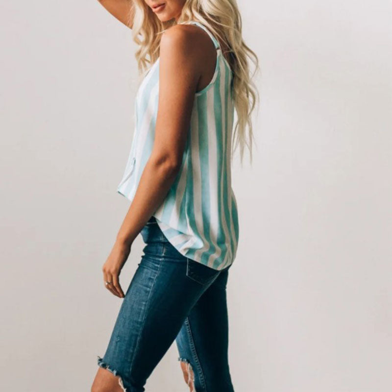 Casual Adjustable Spaghetti Striped Button Down Tank Top Swing Vest