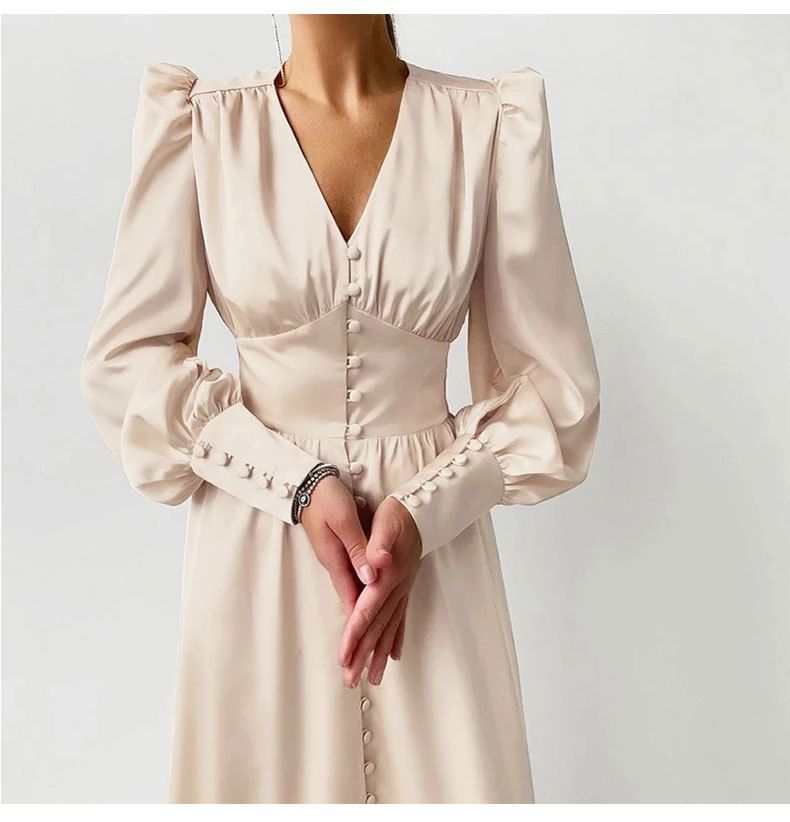 Glossy Retro Button Lantern Sleeve Satin Flowy Nye Midi Dress sunifty Glossy Retro Button Lantern Sleeve Satin Flowy Nye Midi Dress sunifty