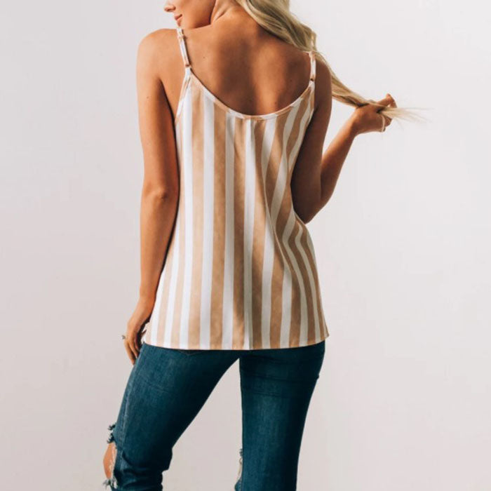 Casual Adjustable Spaghetti Striped Button Down Tank Top Swing Vest