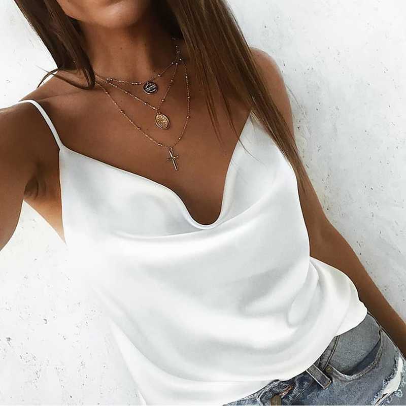 Relaxed Adjustable Spaghetti Strap Cow Neck Silk Satin Cami Camisole Top