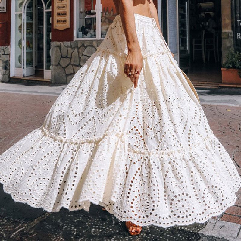 Boho Chic Eyelet Skirt High Elastic Waistband Ruffle Flowy Midi Skirts