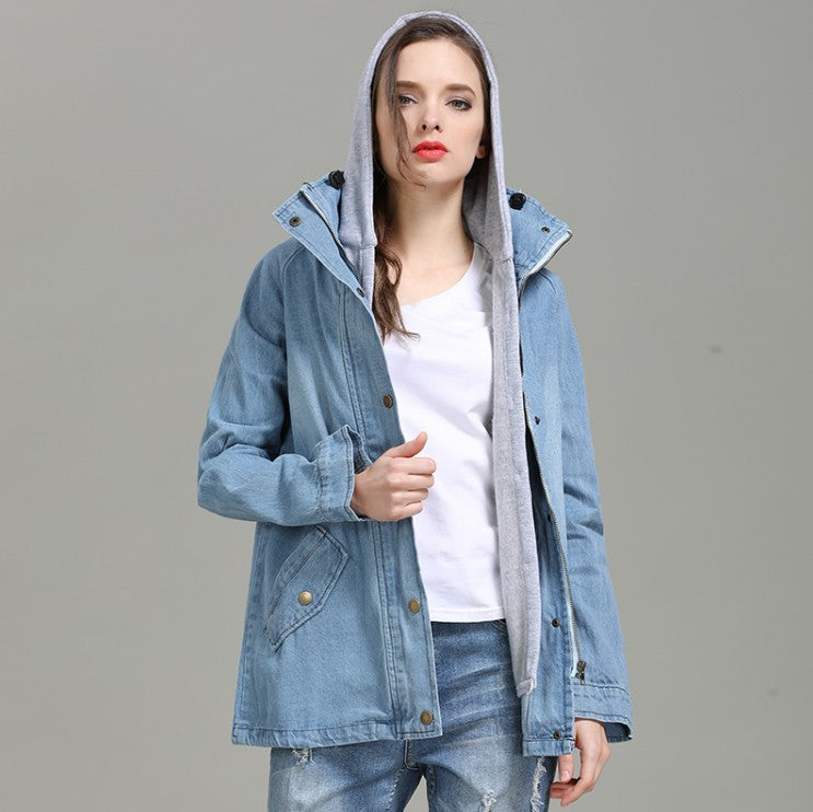 Casual Hooded Vest Two Piece Trench Button Up Denim Windbreaker