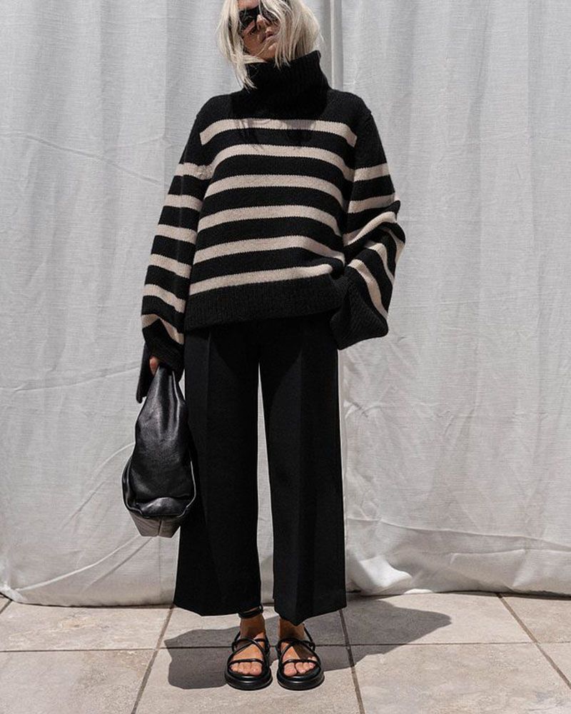 Oversized Baggy Block Striped Wool Cotton Blend Turtleneck Sweater With Slit