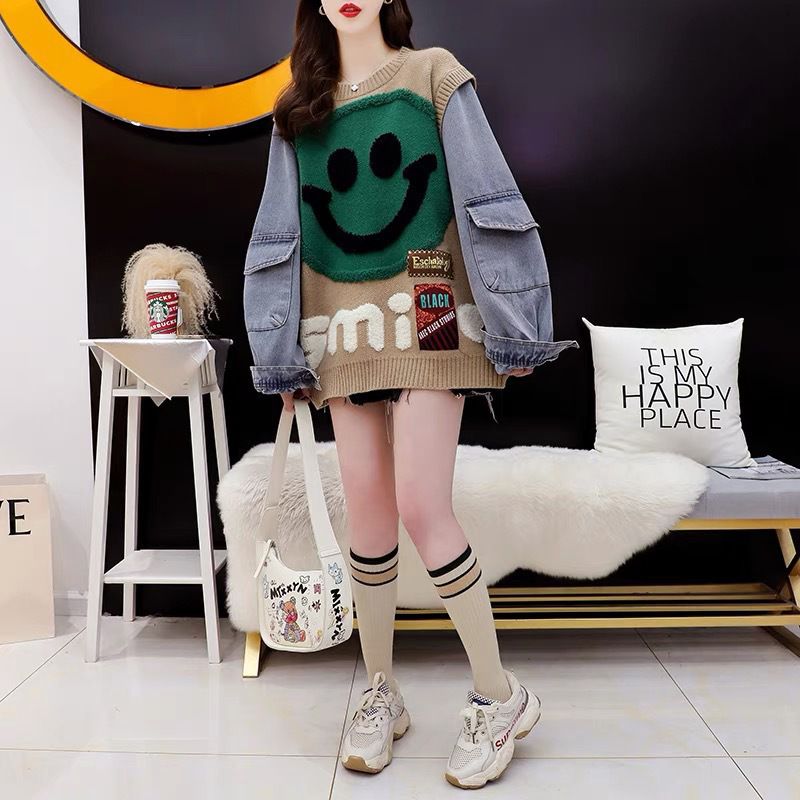 Y2k Aesthetic Smiley Face Color Block Knit Denim Sweatshirt Clothing