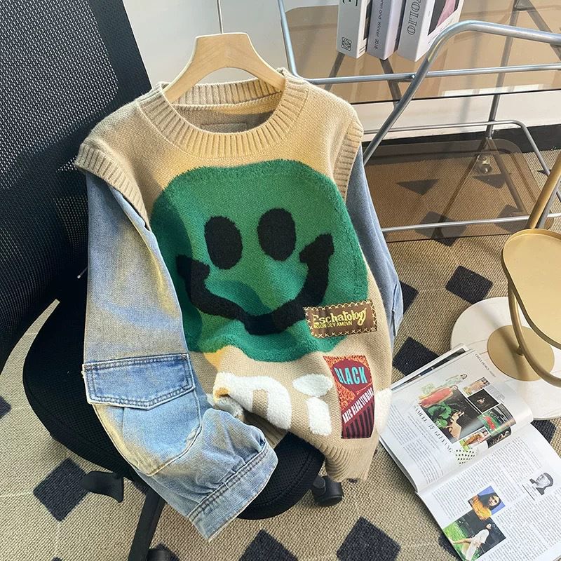 Y2k Aesthetic Smiley Face Color Block Knit Denim Sweatshirt Clothing